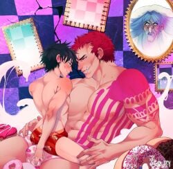 bulge charlotte_brulee charlotte_katakuri dry_humping gay hand_on_bulge hand_on_penis lapdance male_only monkey_d_luffy muscular_male on_lap one_piece scar size_difference tattoo yaoi