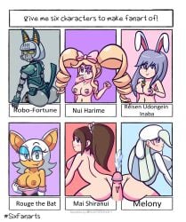 ass assjob blowjob breasts bunny_ears buttjob crossover cum cumshot dick fanart fatal_fury furry girls harime_nui human humanoid kill_la_kill king_of_fighters magitheelf mai_shiranui melony_(pokemon) milf nipples penis pokemon pokemon_ss reisen_udongein_inaba robo-fortune robot robot_girl robot_humanoid rouge_the_bat six_fanarts_challenge skullgirls sonic_(series) sonic_the_hedgehog_(series) touhou video_games