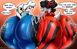 2022 2boys absurd_res angry anthro ass ass_focus ass_to_ass bent_over big_ass blue_eyes blush bodysuit bovid brown_hair bulge butt_bump canid canine canis clothed clothing cross-popping_vein curvy dalmatian dialogue digital_media_(artwork) domestic_dog dorian_(sleepyinu) duo english_text femboy fur furry girly glistening_body glistening_clothing grey_body grey_fur hair hair_over_eyes hi_res huge_ass jesse_(sleepyinu) large_ass looking_at_butt looking_at_self looking_back looking_down male male/male mammal neon_genesis_evangelion open_mouth overweight overweight_anthro overweight_male plugsuit presenting presenting_hindquarters rear_view scut_tail shaded sheep simple_background sleepyinu slightly_chubby sound_effects spots spotted_body spotted_fur text thick_thighs tight_clothing voluptuous white_body white_fur white_hair wide_hips yelling