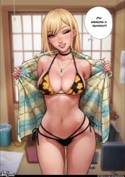 1girls 2d aroma_sensei bikini blonde_hair blush cute dialogue english_text female female_only front_view kitagawa_marin large_breasts looking_at_viewer open_shirt plaid_shirt red_eyes smile solo_female sono_bisque_doll_wa_koi_wo_suru speech_bubble standing tagme thong thong_bikini wink winking winking_at_viewer