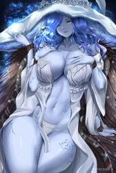 4_arms big_breasts blue_eyes blue_hair blue_skin cape cleavage cracked_skin cyicheng deathbed_smalls elden_ring female female_only fromsoftware fur_cape long_hair looking_at_viewer multi_arm multi_limb no_bra one_eye_closed open_clothes panties ranni_the_witch solo thick_thighs wavy_hair white_panties wide_hips witch_hat