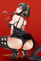 1girls ass assassin backless_dress black_hair black_panties blades blush breasts cameltoe dress from_behind gradient_hair headband heels high_heels looking_at_viewer looking_back minidress painted_nails panties rapa00pa red_background red_eyes sideboob spy_x_family squatting stiletto_(weapon) thighhighs thighs thorn_princess weapon weapons yor_briar