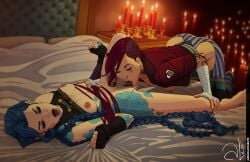 2girls alx_(fuckit) arcane arcane_jinx arcane_vi blue_hair bondage breasts candle closed_eyes cunnilingus female female_only incest jinx_(league_of_legends) league_of_legends lesbian licking_pussy multiple_girls nipples open_mouth red_hair siblings sisters vi yuri