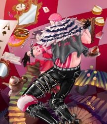 carrying charlotte_katakuri crossdressing dancing dress dress_lift femboy gay male_only monkey_d_luffy muscular_male one_piece tattoo yaoi