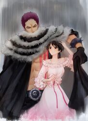 1boy 1girls artist_request charlotte_katakuri cute dress female genderswap genderswap_(mtf) highres human long_dress long_hair luffyko male monkey_d_luffy monster muscular_male one_piece outdoors pink_dress rain romantic rule_63 scar size_difference taller_male wholesome