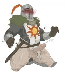 armor blush body_hair bottomless dark_souls ejaculation erection fromsoftware gloves hairy helmet helmet_covering_face kneeling knight knight_error knighterrant male male_only penis solaire_of_astora solo sword thick_thighs uncensored veiny_penis