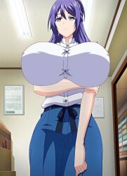 arm_under_breasts big_breasts blue_skirt breast_bigger_than_head edit female female_only huge_breasts light_blue_eyes mankitsu_happening purple_hair rei_suzukawa screencap screenshot screenshot_edit tagme white_shirt ymosanon