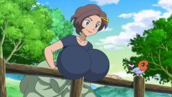 1girls ass_bigger_than_body ass_bigger_than_breasts ass_bigger_than_head big_ass big_breasts big_butt breasts_bigger_than_body breasts_bigger_than_head breasts_bigger_than_torso breasts_on_floor brown_hair female female_only fletchling game_freak grace_(pokemon) hourglass_figure huge_ass huge_breasts hyper_ass hyper_breasts nintendo pokemon pokemon_xy screencap screenshot screenshot_edit tagme ymosanon