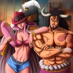 1boy 1girls artist_request big_breasts big_mom black_hair charlotte_linlin cowboy_hat female homie_(one_piece) horns kaido_(one_piece) male midriff muscular muscular_male napoleon_(one_piece) one_piece pink_cowboy_hat pink_hair scar short_shorts soru_soru_no_mi tattoo young_big_mom