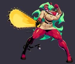 action_pose belt big_breasts chainsaw cleavage green_hair horns long_eyelashes muscular_female nipple_bulge panty_&_stocking_with_garterbelt rampage0118 red_skin scanty_daemon solo thick_thighs