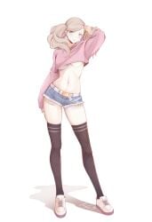 1girls ann_takamaki blonde_hair bottomwear clothed clothing crop_top jean_shorts midriff no_bra persona persona_5 pink_shirt senacolada shoes short_shorts shorts solo solo_female tennis_shoes thighhighs topwear twintails underboob