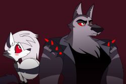 1boy 1girls alternate_breast_size anthro big_breasts blush breast_expansion canid crop_top dit female hellhound helluva_boss huge_breasts long_hair looking_at_another loona_(helluva_boss) male screencap screenshot screenshot_edit tagme vortex_(helluva_boss) wolf_humanoid ymosanon