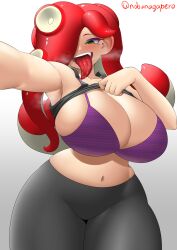 1girls ahe_gao alternate_breast_size armpits big_breasts black_pants blush bra breasts curvy fangs female female_only green_eyes hips huge_breasts large_breasts lifted_by_self lifting_shirt long_hair nintendo nobunagapero octoling octoling_girl octoling_rival open_mouth peronattu presenting_breasts purple_bra red_hair shirt_lift solo solo_female splatoon splatoon_2 steam teeth thick_thighs thighs tight_pants tongue wide_hips