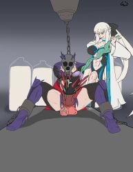 2futas artoria_pendragon_(lancer_alter) balls big_balls big_penis body_modification bottomless breasts chained_up clothed clothing condom cum_dripping_from_mouth duo erection fate_(series) futa_only futanari goofywerm huge_cock human injection iron_mask light-skinned_futanari light_skin morgan_le_fay_(fate) partially_clothed penis penis_spikes rape restrained sitting spread_legs standing tears tentacle_pulling transformation unwilling_participant urethra urethral_tentacle