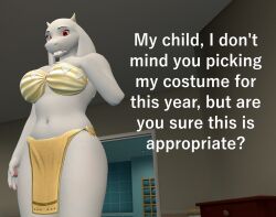 16:9 2021 3d anthro boss_monster caprine confused crop_top digital_media_(artwork) goat hand_on_breast hand_rest hi_res horns hourglass_figure krystal_(cosplay) loincloth milf papadragon69 red_eyes room skimpy_clothes source_filmmaker toriel tribal_clothing undertale white_fur