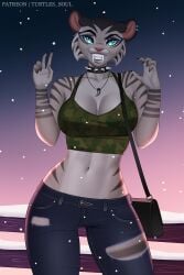 2022 20th_century_fox animal_humanoid anthro anthrofied artist_name black_nails blue_eyes blue_sky_studios breasts cleavage clenched_teeth collar digital_media_(artwork) ear_piercing eyebrows eyelashes fangs feline feline_humanoid female female_only furry furry_female furry_only grey_body humanoid ice_age_(series) ice_age_collision_course jeans looking_at_viewer mammal mammal_humanoid markings multicolored_body navel necklace no_humans patreon_username piercing pink_nose ripped_clothing ripped_pants saber-toothed_cat shira_(ice_age) snow solo solo_female spiked_collar standing teeth tiger topwear turtlessoul white_body white_sclera