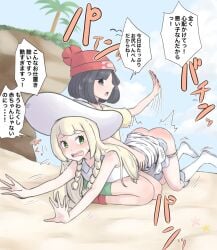 2girls beach black_eyes black_hair blonde_hair boots breasts cliff clouds dress green_eyes green_shorts hat lillie_(pokemon) long_hair medium_breasts nintendo outside over_the_knee_spanking palm_tree panties panties_down pinkiri pinkiri_(jawking) pokemon pokemon_sm punishment punishment_spanking selene_(pokemon) shirt short_hair sky spanking spanking_ass sun_hat tears white_dress white_panties yellow_shirt yuri