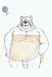 2022 animal_crossing anthro belly big_belly curt_(animal_crossing) genitals hi_res humanoid_genitalia humanoid_hands humanoid_penis lexor_komuga male male_only mammal nintendo overweight overweight_male penis simple_background solo towel ursid video_games