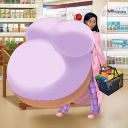 1girls belly big_belly breasts casual_hyper dark-skinned_female dark_skin enormous_belly enormous_breasts female female_only hyper_pregnancy nipple_bulge pregnant saburox slippers supermarket voluptuous