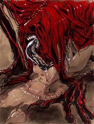 1girls 1monster beast_(bloodborne) between_breasts blood-starved_beast bloodborne breasts_out claws fromsoftware hunter_(bloodborne) licking long_fingernails long_hair long_tongue monster on_back open_clothes open_mouth sharp_claws teratophilia tongue_out traditional_media_(artwork)