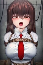 bondage bra_visible_through_clothes brown_eyes brown_hair open_mouth plusout red_tie soi_(plusout) white_button_down_shirt work_clothes