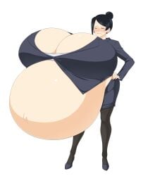 1girls asian belly big_belly bijin_onna_joushi_takizawa-san black_hair breasts cleavage closed_eyes embarrassed enormous_belly enormous_breasts female female_only hand_on_hip hyper_pregnancy pregnant saburox suit takizawa_kyouko tight_clothing voluptuous