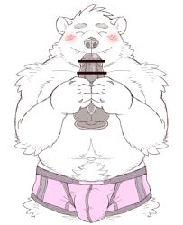 2022 absurd_res anthro belly big_belly black_nose blush bulge censored clothing cute_fangs dildo fur hi_res humanoid_hands kemono male mammal navel overweight overweight_male polar_bear ryuta-h sex_toy simple_background solo underwear ursid ursine white_background white_body white_fur