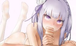 1boy 1girls ass blowjob blush breasts breasts_out censor_bar censored censored_penis elf elf_ears elf_female elf_girl emilia_(re:zero) fellatio female female_focus grabbing_penis hair_flower hair_ornament half_elf hand_on_another's_thigh imminent_cum imminent_cumshot imminent_ejaculation imminent_orgasm long_hair lying_down lying_on_lap maa_(maa1) male no_bra open_eyes oral oral_penetration oral_sex panties pointy_ears purple_eyes re:zero_kara_hajimeru_isekai_seikatsu silver_hair sucking sucking_penis sweat sweatdrop teenage_girl teenager white_flower white_hair white_legwear white_panties x_hair_ornament