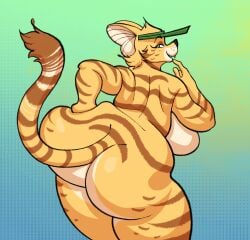 abstract_background anthro ass big_butt breasts clothing domestic_cat eyelashes fangs felid feline felis female female_only hat headgear headwear kaboozey looking_at_viewer mammal nude open_mouth original original_character rayne_(kaboozey) serval slightly_chubby solo thick_thighs thighs visor_cap