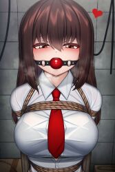 ball_gag bondage bra_visible_through_clothes brown_eyes brown_hair gag gagged heart loving_gaze open_mouth plusout red_tie soi_(plusout) stuffed_mouth_gag white_button_down_shirt work_clothes