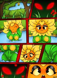 ahe_gao being_watched big_breasts big_thighs blobslimey blush comic heart-shaped_pupils masturbating masturbation plant_girl plantie plants_vs_zombies:_heroes red_eyes solar_flare_(pvz)