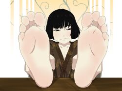 androgynous barefoot black_hair bob_cut feet feet_up femboy foot_fetish foot_focus fromsoftware japanese_clothes kuro_the_divine_heir looking_at_viewer male male_only meteorreb0rn sekiro:_shadows_die_twice smile smug soles solo