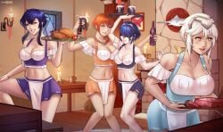 4girls alcohol alternate_costume alternate_hairstyle aquiadok bare_legs bare_midriff bare_thighs beer beer_mug blue_hair bottle breasts brown_eyes cleavage dagr_(fire_emblem) earrings female female_only fire_emblem fire_emblem:_genealogy_of_the_holy_war fire_emblem:_three_houses fire_emblem_awakening fire_emblem_heroes food grin larcei_(fire_emblem) large_breasts legs leonie_pinelli looking_at_viewer lucina_(fire_emblem) marth_(fire_emblem_awakening) mask medium_breasts midriff mug multiple_girls nintendo open_mouth orange_eyes orange_hair purple_hair short_hair side_ponytail smile tavern thighs tiara tomboy waitress white_hair