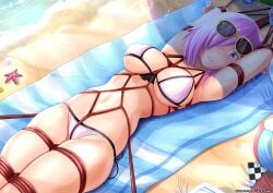 1girls animated animated_gif armpits aster-effect beach big_breasts bikini blindfold blush bondage covered_eyes covered_mouth fate/grand_order fate_(series) female female_focus female_only hair_over_one_eye heart-shaped_pupils mash_kyrielight navel outdoors pink_hair purple_eyes rope rope_bondage short_hair slideshow smile sunglasses sunglasses_on_head