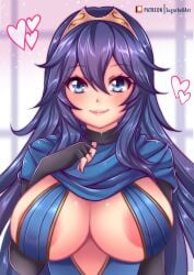 1girls absurdres alternate_breast_size areolae areolae_slip blue_eyes blue_hair blushing breasts cleavage cute elbow_gloves female female_only fingerless_gloves fire_emblem fire_emblem_awakening gloves heart highres large_breasts long_hair looking_at_viewer lucina_(fire_emblem) nintendo revealing_clothes sideboob smile solo sugarbell tiara very_long_hair