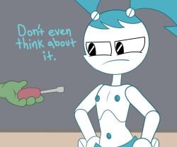 blue_hair bolts flat_chest frown hands_on_hips jenny_wakeman my_life_as_a_teenage_robot nipples offscreen_character robot scheissegeist screw_nipples screwdriver text topless xj-9