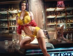 1girls bar cowboy_bebop diadem dog ein_(cowboy_bebop) faye_valentine lipstick looking_at_viewer partially_clothed purple_hair sakimichan tagme