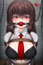 ball_gag black_bra bondage brown_eyes brown_hair gag gagged heart loving_gaze open_clothes open_mouth open_shirt plusout red_tie soi_(plusout) stuffed_mouth_gag tie_between_breasts white_button_down_shirt work_clothes