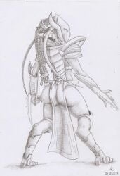 1girls activision alien alien_girl ass big_ass big_butt black_and_white blizzard_entertainment butt dirty-wolf female female_only mouthless no_mouth protoss selendis solo solo_female starcraft text thick_thighs traditional_media_(artwork)