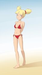 1girls arms_behind_back artist_request bikini blonde_hair cleavage feet female female_only highres inspector_gadget legs medium_breasts navel penny_gadget red_bikini smooth_skin solo twintails