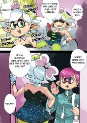 clothed color comic excited hair_ribbon inkling inkling_boy large_breasts marie_(splatoon) onat onatart opening_door pink_hair shortstack splatoon squid_sisters text text_bubble