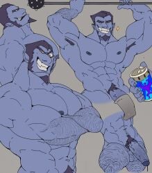 abs aries03220 arm_hair armpits bara big_penis blue_skin deadly_demon demon flaccid grey_hair male_only miitopia muscle muscles nude penis pubic_hair smug solo solo_male thong yellow_eyes