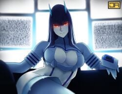 big_ass cosplay couch crossover darling_in_the_franxx glowing_eyes kill_la_kill kiryuuin_satsuki large_ass large_breasts long_hair looking_at_viewer monitor red_eyes relaxed relaxing tv tv_screen zero_two_(darling_in_the_franxx)_(cosplay)