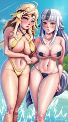 2girls alternate_costume bangs bare_legs bare_thighs beach bikini black_bikini black_swimsuit blonde_hair breasts brown_eyes eyepatch_bikini female female_only fire_emblem fire_emblem_fates golden_bikini grey_eyes grey_hair hanshyn hourglass_figure large_breasts legs long_hair looking_at_viewer multiple_girls nintendo ocean ophelia_(fire_emblem) outdoors revealing_clothes sideboob swimsuit thighs underboob velouria_(fire_emblem) wide_hips yellow_swimsuit