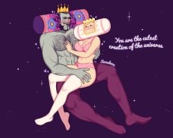 2020 alien breasts curvy digital_drawing_(artwork) digital_media_(artwork) father female hairy_chest hi_res katamari katamari_damacy king_of_all_cosmos larger_male lingerie male milf mother muscular_male no_sex queen_of_all_cosmos royalty smaller_female stockings succuboos underwear wholesome