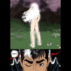 2boys ass ass_focus berserk big_ass comic feet gay griffith guts_(berserk) nude nude_male text theo_(artist)