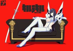 black_couch black_hair blue_eyes cosplay couch crossover darling_in_the_franxx junketsu kill_la_kill kiryuuin_satsuki large_breasts long_hair looking_at_viewer red_background relaxed relaxing sword zero_two_(darling_in_the_franxx)_(cosplay)