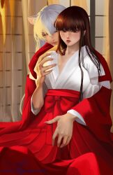 artist_request black_hair hakama hands_on_breasts huge_breasts implied_masturbation implied_sex interspecies inuyasha inuyasha_(character) kikyo_(inuyasha) lipstick miko silver_hair