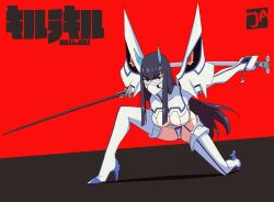 ass big_ass black_hair blue_eyes cosplay crossover darling_in_the_franxx dat_ass facemask fighting_stance heeled_boots junketsu kill_la_kill kiryuuin_satsuki large_ass large_breasts long_hair red_background sword sword_sheath zero_two_(darling_in_the_franxx)_(cosplay)