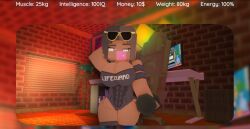 3d abs beach breasts brown_eyes bubble_gum cuteskyler dark-skinned_female dark_skin dumbbell female female_only holding_object lifeguard mine-imator minecraft muscle_growth muscular muscular_female one-piece_swimsuit sunglasses sunglasses_on_head swimsuit swimwear vanessa_mcloy